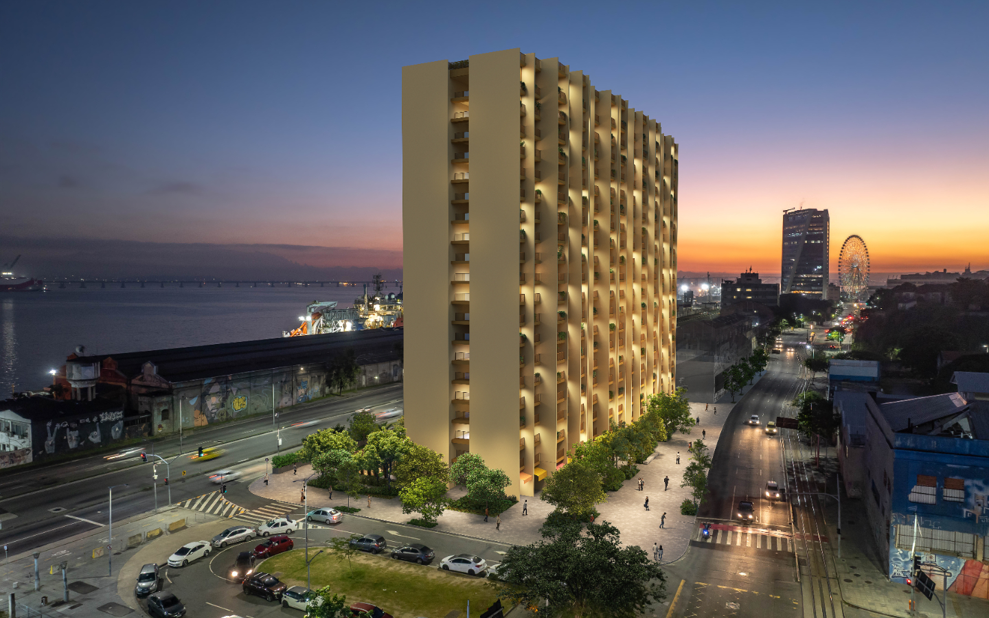 Fachada do Erê Residencial à noite - Santo Cristo, Porto Maravilha