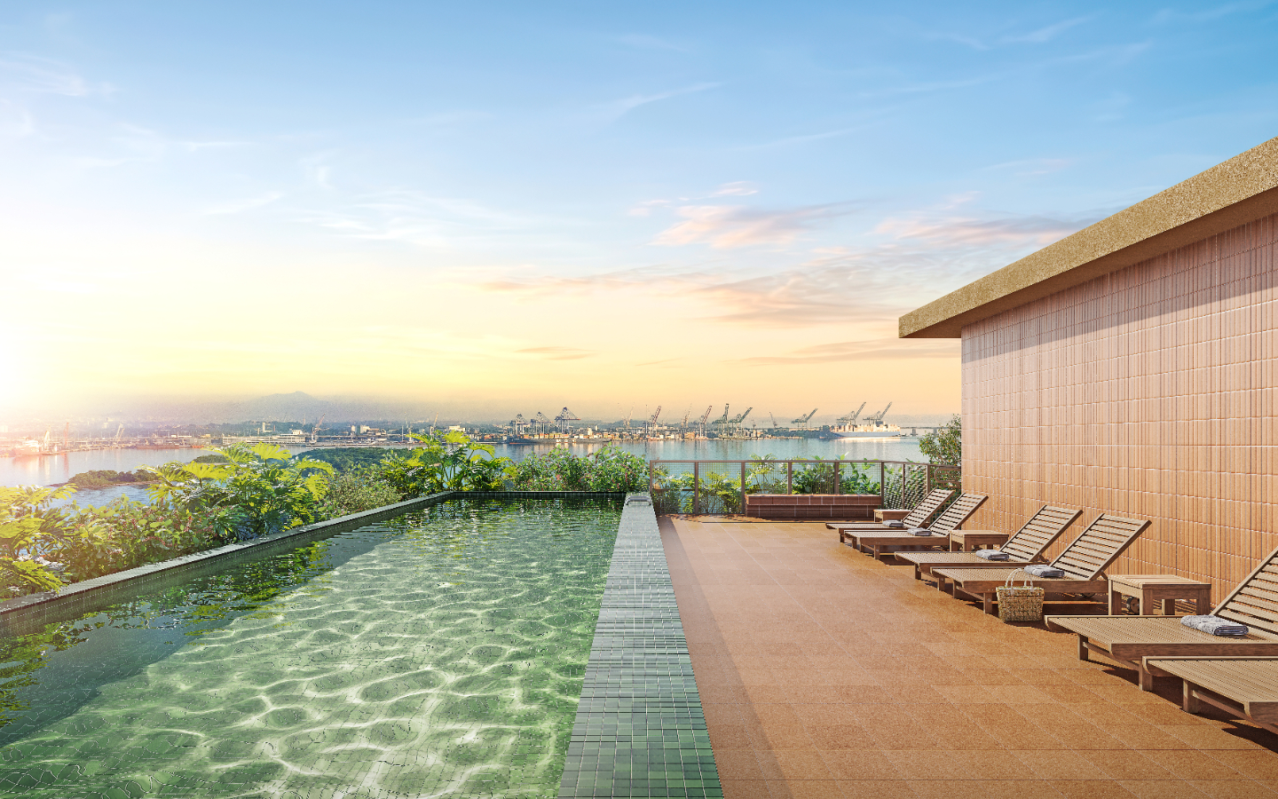 Piscina no rooftop com vista para o Porto Maravilha - Erê Residencial