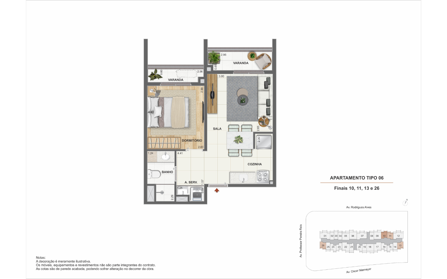 Planta 1 Dormitório - Erê Residencial, finais 10, 11, 13 e 26